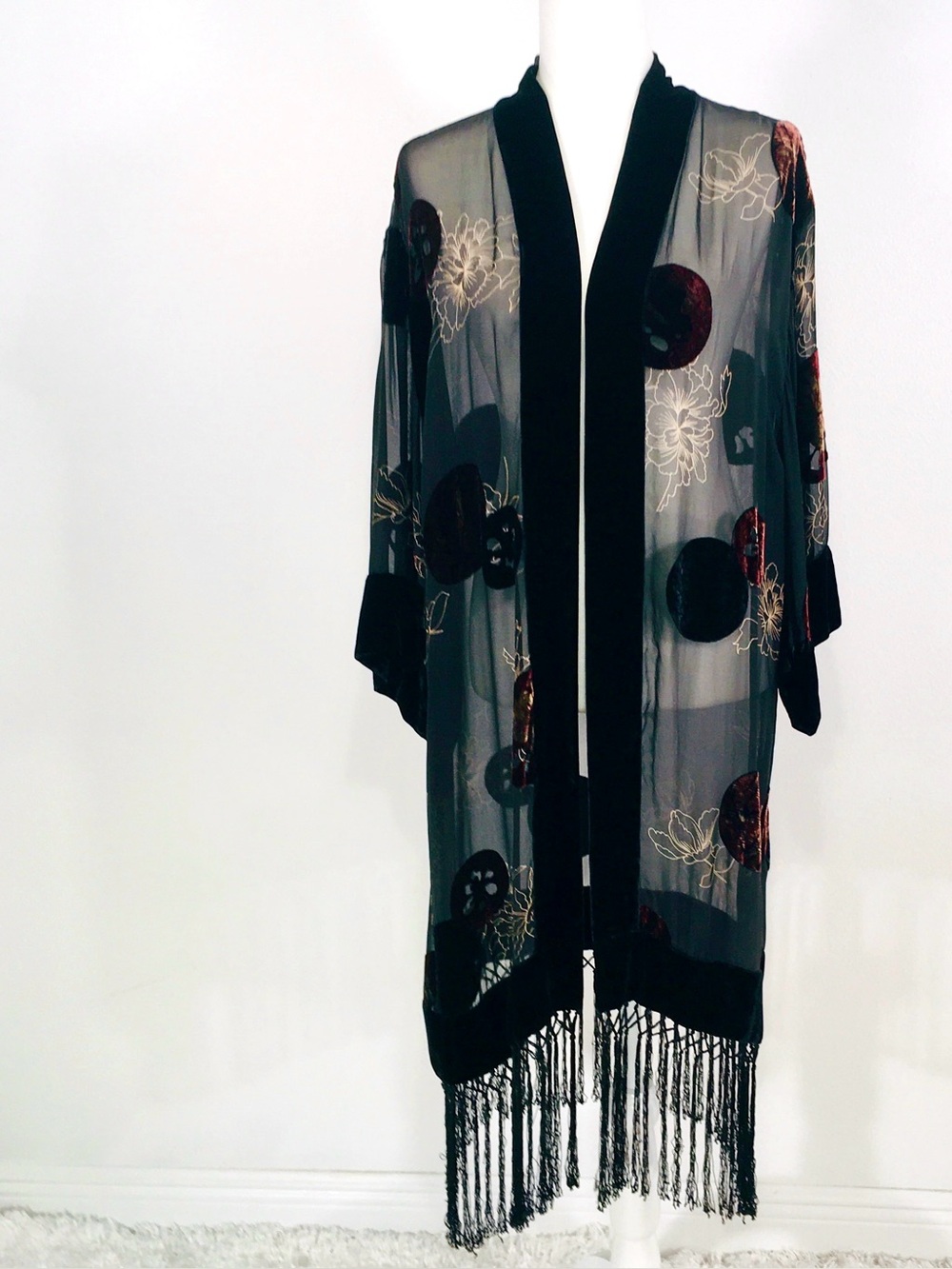 SOMA Vtg Burn Out Velvet SheerKimono Fringe Dark Boho Art To Wear Goth Grunge